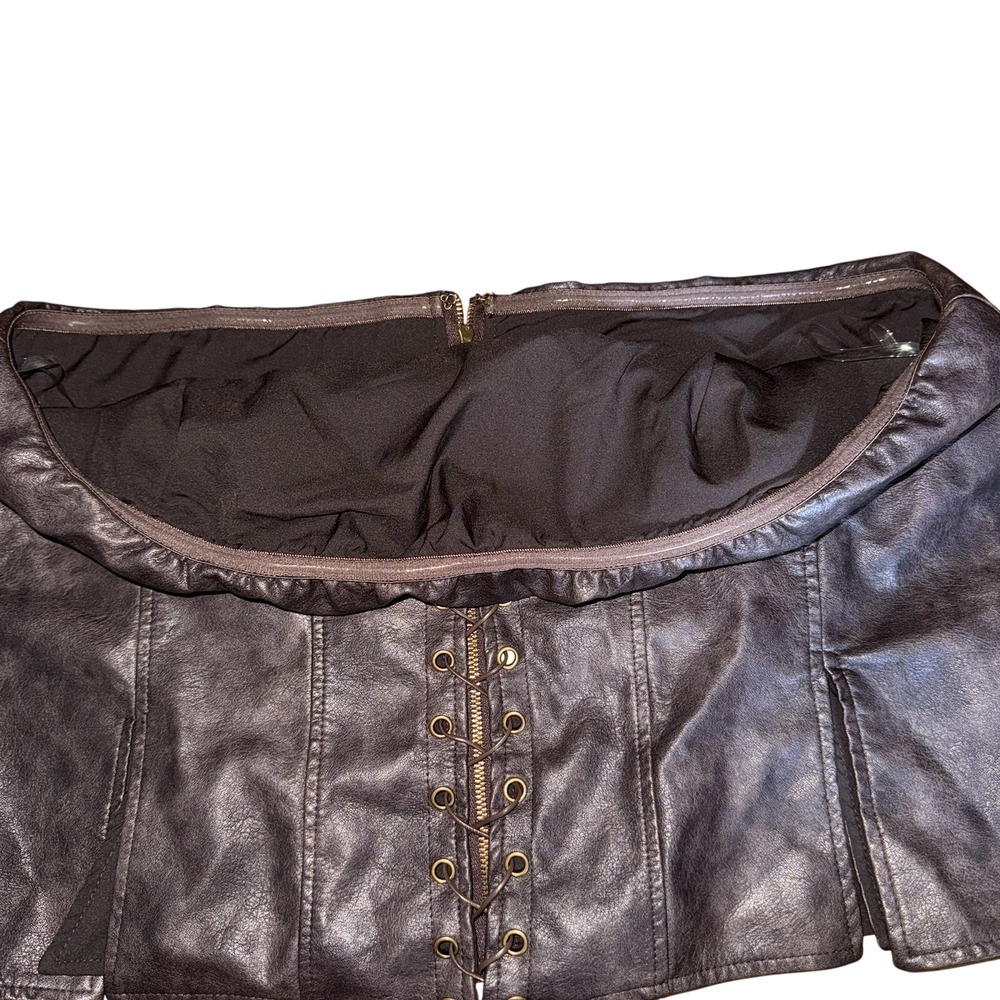 Princess Polly Afraid Strapless Faux Leather Top Brown Lace Up Corset Size 14 - Picture 3 of 7